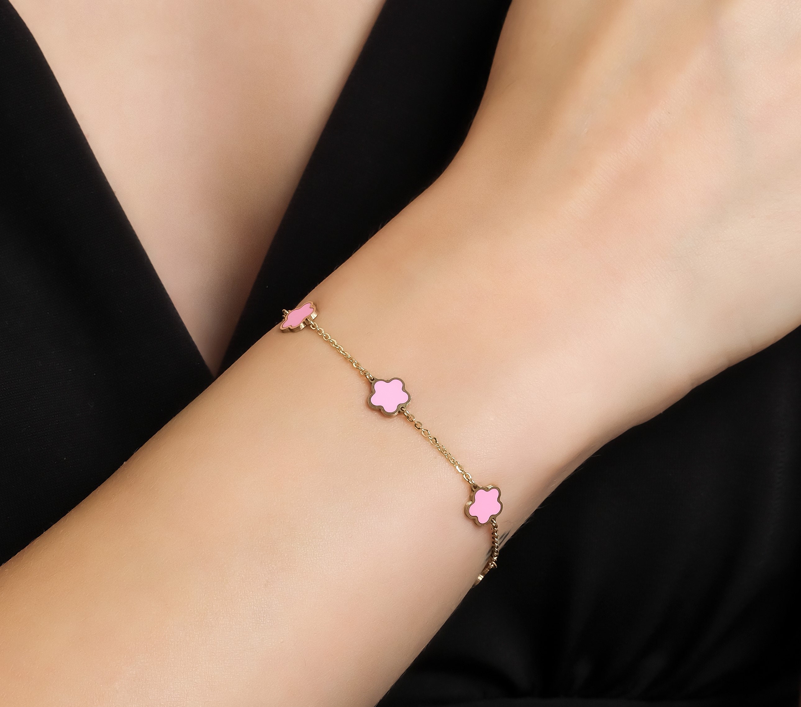 14K Yellow Gold Pink Blossom Bracelet, Daisy Flower Bracelet