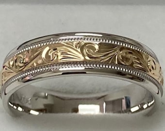 Hand Engraved Two Tone Wedding Band, 6mm 10K 14K 18K Solid White and Yellow Gold Mens Wedding Ring, Two Tone Gold Wedding Bands