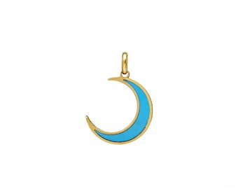 14K Yellow Gold Crescent Moon Pendant or Necklace, Turquoise Crescent Moon Charm, Crescent Moon Pendant, Turquoise  Necklace