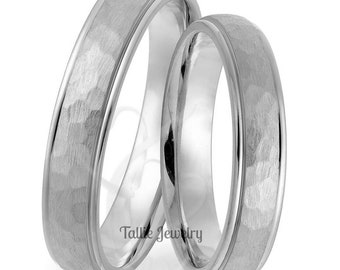 4mm 10K 14K 18K White Gold Hammered Finish Wedding Bands, His and Hers Wedding Rings, Mens and Womens Wedding Bands Matching Wedding Rings