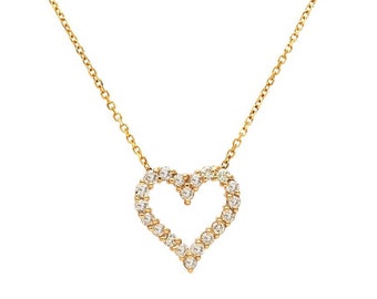 14K Solid Yellow Gold Diamond Heart Necklace,0.40 Carat Natural Diamond Heart Necklace, Open Heart Necklace, Heart Pendant,Diamond Necklace