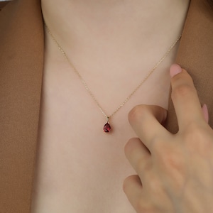 May include: A gold chain necklace with a teardrop-shaped red gemstone pendant.
