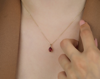 Ruby Solitaire Necklace, 14K Gold Ruby Necklace, 1 Carat Pear Shape Ruby Necklace, Layering Necklace, July Birthstone, Gemstone