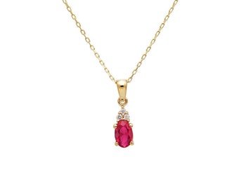 14K Solid Yellow Gold Diamond and Oval Ruby Solitaire Necklace , July Birthstone, Gemstone