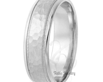 6mm  Milgrain Hammered Finish Mens Platinum Wedding Rings, Platinum Mens Wedding Bands, Platinum Rings, Rings for Men