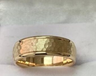 Yellow Gold Mens Wedding Bands, Hammered Finish Mens Wedding Rings, 6mm 10K 14K 18K Solid Yellow Gold Wedding Bands