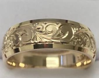 Hand Engraved Mens Wedding Bands,  Hand Engraved Mens Wedding Rings,  7mm 10K 14K 18K Solid Yellow Gold Beveled Edge Hand Engraved Ring