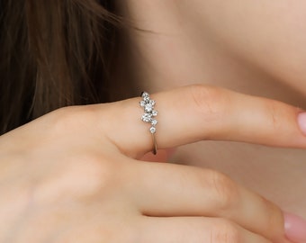 14K Yellow Gold Diamond Wedding Band, Diamond Cluster Ring, Engagement Rings ,Womens Minimalist Diamond Ring