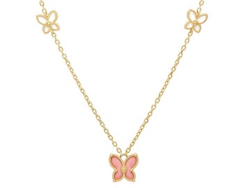 14K Yellow Gold Butterfly Necklace, Pink Enamel Butterfly Necklace, Mother Of Pearl Butterfly Necklace, Gold Necklace, Butterfly Becklace