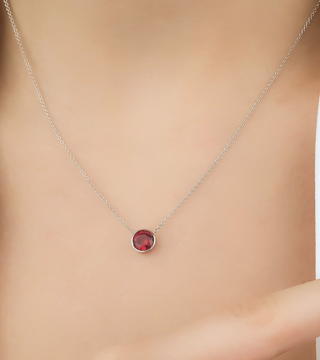 14K White Gold Ruby Necklace, Ruby Solitaire Necklace, 6mm Bezel Set Round Ruby Necklace in 14K