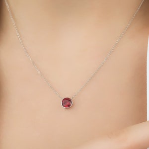 14K White Gold Ruby Necklace, Ruby Solitaire Necklace, 6mm Bezel Set Round Ruby Necklace in 14K Gold , July Birthstone, Gemstone