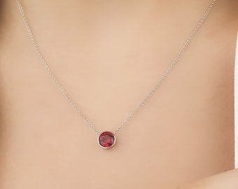 14K White Gold Ruby Necklace, Ruby Solitaire Necklace, 6mm Bezel Set Round Ruby Necklace in 14K Gold , July Birthstone, Gemstone