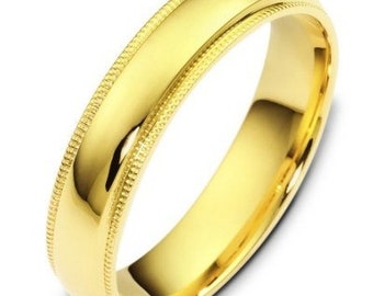 5mm 10K 14K 18K Solid Yellow Gold Mens Wedding Bands, Shiny Finish Milgrain Mens Wedding Rings, Plain Wedding Bands, Rings for Men