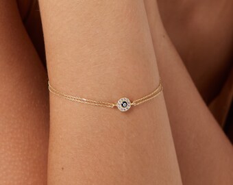 14K Solid Yellow Gold Evil Eye Bracelet, Dainty Evil Eye Bracelet, Minimalist Evil Eye Bracelet ,Protection Jewelry, Round Evil Eye Bracelet