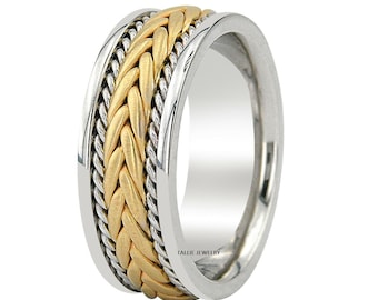 Two Tone Gold Wedding Bands, Handmade Braided Mens Wedding Rings, 8mm 10K 14K 18K White and Yellow Gold Mens Wedding Bands