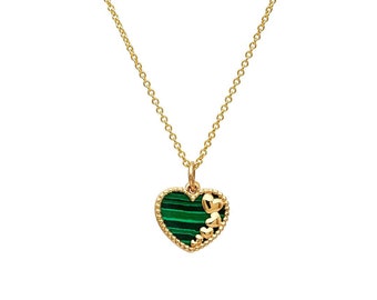14K Yellow Gold Malachite Heart Necklace,Green  Malachite Heart Necklace, Heart Charm, Malachite Heart Pendant, Heart Necklace