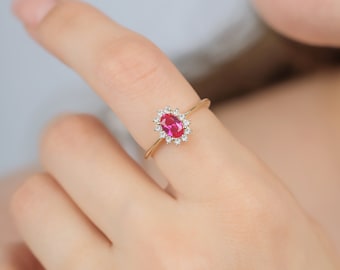 14K Yellow Gold Oval Ruby Ring, Diamond Cz Wedding Ring, Engagement Rings, July Birthstone ,Womens Wedding Bands, Gemstone Rings