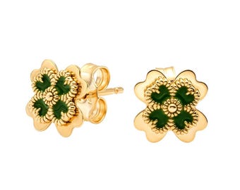 14K Solid Yellow Gold Clover Earrings, Malachite Daisy Flower Earrings, Stud Earrings, Green Malachite