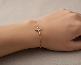 Diamond Cross Bracelet, 14K Solid Yellow Gold Natural Diamond Cross Bracelet, Minimalist Cross Bracelet, Small Cross Bracelet