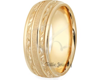 Hand Engraved Mens Wedding Band ,Hand Engraved Mens Wedding Ring ,8mm 10K 14K 18K Solid Yellow Gold and Engraved Wedding Rings