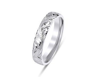 4mm 10K 14K 18K Solid White Gold Hand Engraved Wedding Bands, Hand Engraved Mens and Womens Wedding Rings, Polished , Comfort Fit