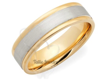 6mm 10K 14K 18K Two Tone Gold Mens Wedding Bands, Satin Finish Mens Wedding Rings, Two Tone Gold Wedding Bands, White Gold, Yellow Gold