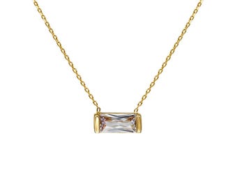 14K Solid Yellow Gold Baguette Diamond CZ Solitaire Necklace