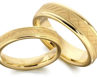 His and Hers Wedding Rings, Matching Wedding Bands Set , 10K 14K 18K Solid Yellow Gold Mens and Womens Wedding Bands