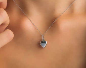Heart Necklace, 14K White Gold Puffed Heart Necklace, Shiny Puffed Heart Pendant,  Layering Heart Necklace, Heart Charm
