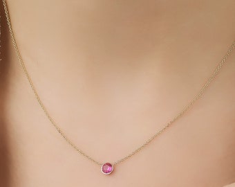 14K Solid Yellow Gold Ruby Necklace, 4mm Bezel Set Ruby Solitaire Necklace, July Birthstone ,Minimalist Ruby Necklace in 14K Gold, Gemstone