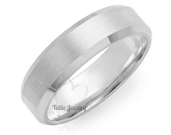 White Gold Mens Wedding Band, Beveled Edge Mens Wedding Ring, 6mm 10K 14K 18K Solid White Gold Wedding Bands, Satin Finish, Comfort Fit