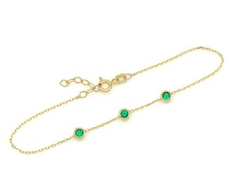 Emerald Bracelet, 14K Solid Yellow Gold Emerald Station Bracelet, Bezel Set Emerald Bracelet, May Birthstone, Green Emerald, Gifts for Her