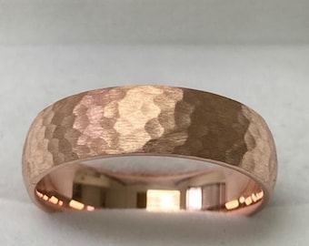 6mm 10K 14K 18K Solid Rose Gold Mens Wedding Band, Hammered Finish Mens Wedding Ring, His and Hers Wedding Bands