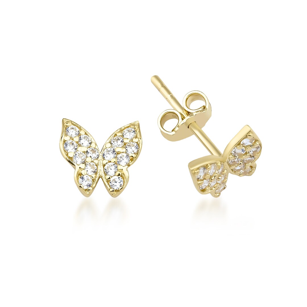 14K Solid Yellow Gold Butterfly Earrings, Minimalist Diamond