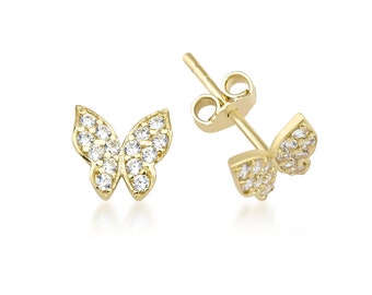 14K Solid Yellow Gold Butterfly Earrings,  Minimalist Diamond CZ  Butterfly Earrings, Stud Earrings, Push Back Gold Earrings