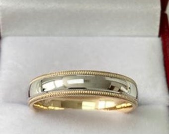 Platinum Wedding Bands, Platinum Wedding Rings,18K Yellow Gold & Platinum Wedding Band, Dome Milgrain Platinum Mens and Womens Wedding Rings