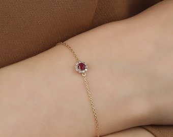 Ruby Bracelet, 14K Yellow Gold Ruby and Diamond Bracelet,  Natural Oval Ruby Bracelet, Diamond Bracelet, Gemstone, July Birthstone