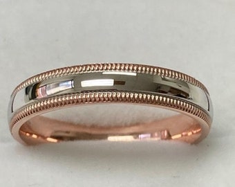 4mm 10K 14K 18K Solid White and Rose Gold Wedding Band, Polished Milgrain Wedding Ring for Men and Women , Two Tone Gold Wedding Bands
