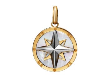14K Yellow Gold Mother of Pearl Compass Pendant or Necklace, Compass Charm, Travel Necklace, North South East West Necklace