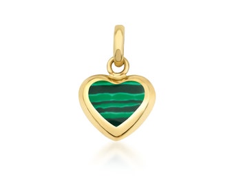 14K Yellow Gold Malachite Puffed Heart Necklace, Green Malachite Heart Pendant or Necklace, Minimalist Heart Necklace, Heart Pendant