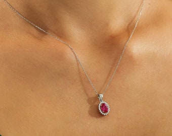 14K Solid White Gold Ruby and Natural Diamond Solitaire Necklace, Ruby Solitaire Necklace, Ruby Necklace, Diamond Necklace, July