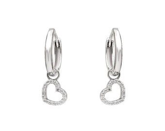14K Solid White Gold Diamond Heart Earrings, Diamond Earrings, Diamond Hoop Earrings, Gold Earrings