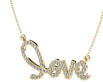 14K Solid Yellow Gold Love Necklace, 0.85 Carat Natural Diamond Love Necklace, Valentines Day Gifts , Diamond Necklace