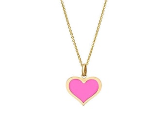 14K Solid Yellow Gold Pink Heart Necklace, Minimalist Heart Necklace, Pink Heart Pendant, Dainty Heart Necklace, Heart Charm