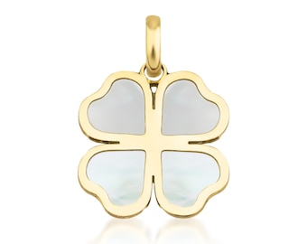 14K Yellow Gold Mother of Pearl Four Leaf Clover Necklace, Mother of Pearl Four Clover Pendant, Good Luck Charm, Pearl Necklace