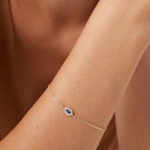 14K Solid Yellow Gold Evil Eye Bracelet 
