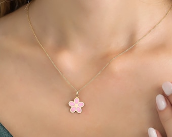 14K Solid Yellow Gold Daisy Necklace, Pink Daisy Flower Necklace, Flower Pendant, Cherry Blossom Necklace, Clover Necklace