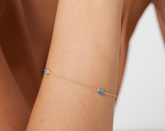 14K Solid Yellow Gold Evil Eye Bracelet, Minimalist Evil Eye Bracelet,  Station Evil Eye Bracelet, Dainty Evil Eye Bracelet, Gifts for Her