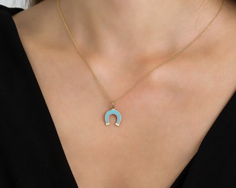 14K Solid Yellow Gold Horseshoe Necklace, Turquoise Horseshoe Necklace, Good Luck Charm, Horseshoe Pendant