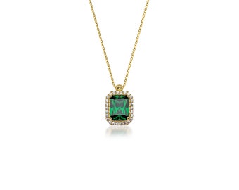 Emerald Necklace,14K Solid Yellow Gold Emerald Cut Solitaire Emerald Necklace, Solitaire Emerald Necklace, May Birthstone, Gemstone Necklace